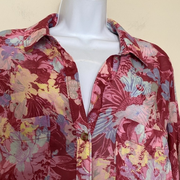 Pilcro Anthropologie Floral Women M Top blouse button down Red Pink fairy boho - Picture 2 of 7